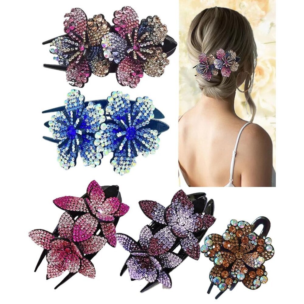 5 Pcs Floral Rhinestone Hair Clips Double Flower Styles Elegant Hair Accessories